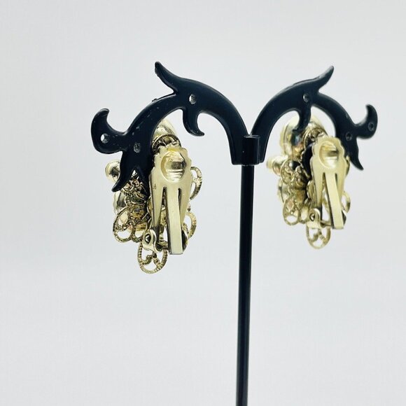 Filigree Faux Pearl Earrings Clip On Aurora Borealis Beads Gold Tone Glam Bling - Picture 9 of 10